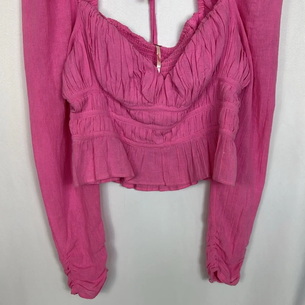 Free People Women’s Top Chloe Aurora Pink Smoked‎ Tie Back Size M Long Sleeve